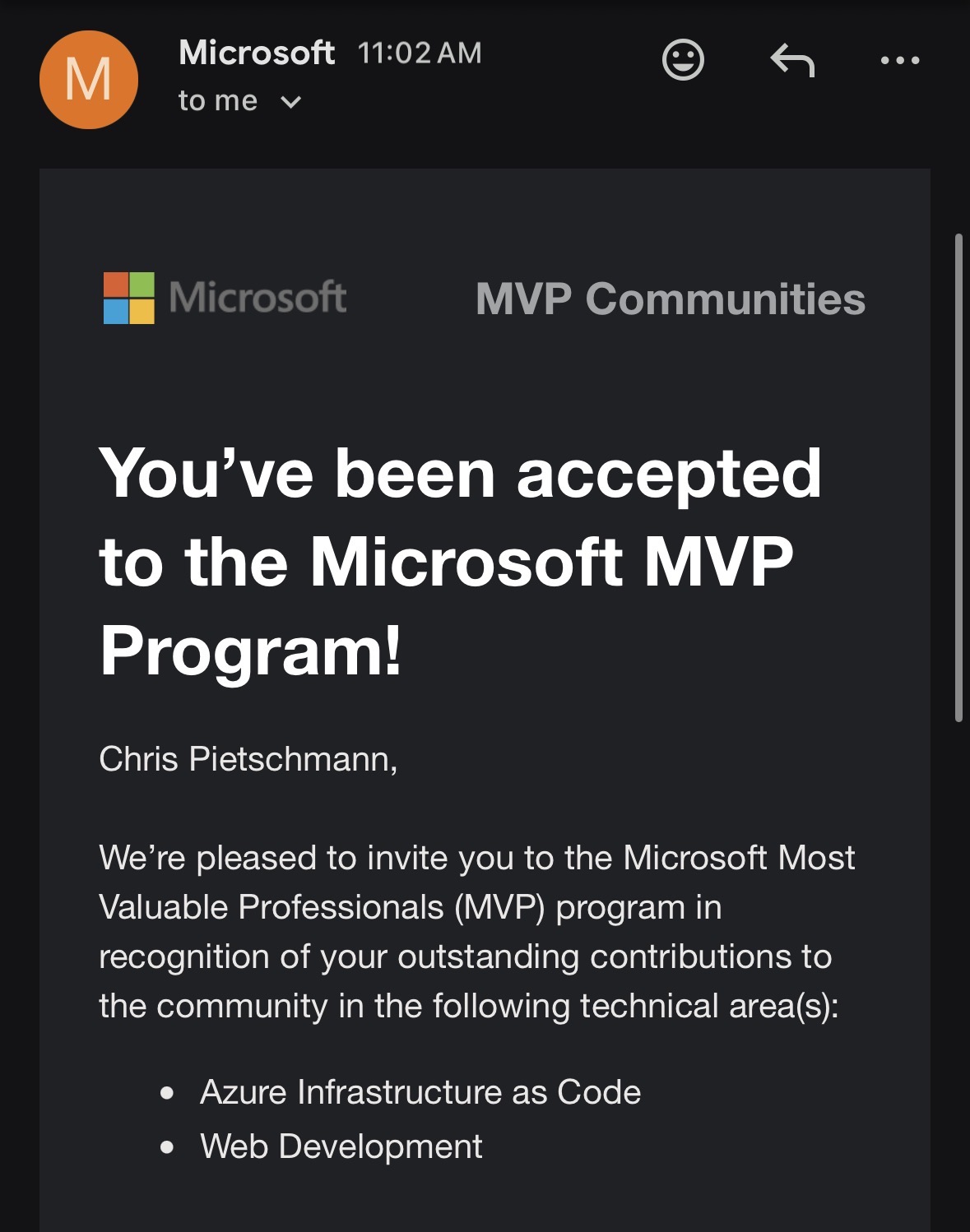 2026 Microsoft MVP Award email screenshot